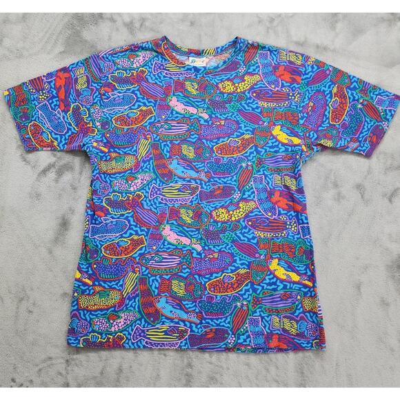 Vintage Ken Done Tee Womens M Blue All Over Fish Print T-Shirt Australia Pop Art - Picture 1 of 6